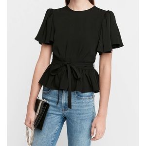 Express Belted Flutter Sleeve Peplum Top
